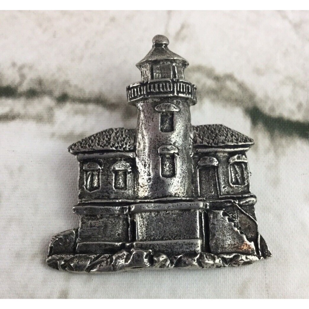 Pewter Toned Lighthouse Brooch Pin Beautiful‎ 2"